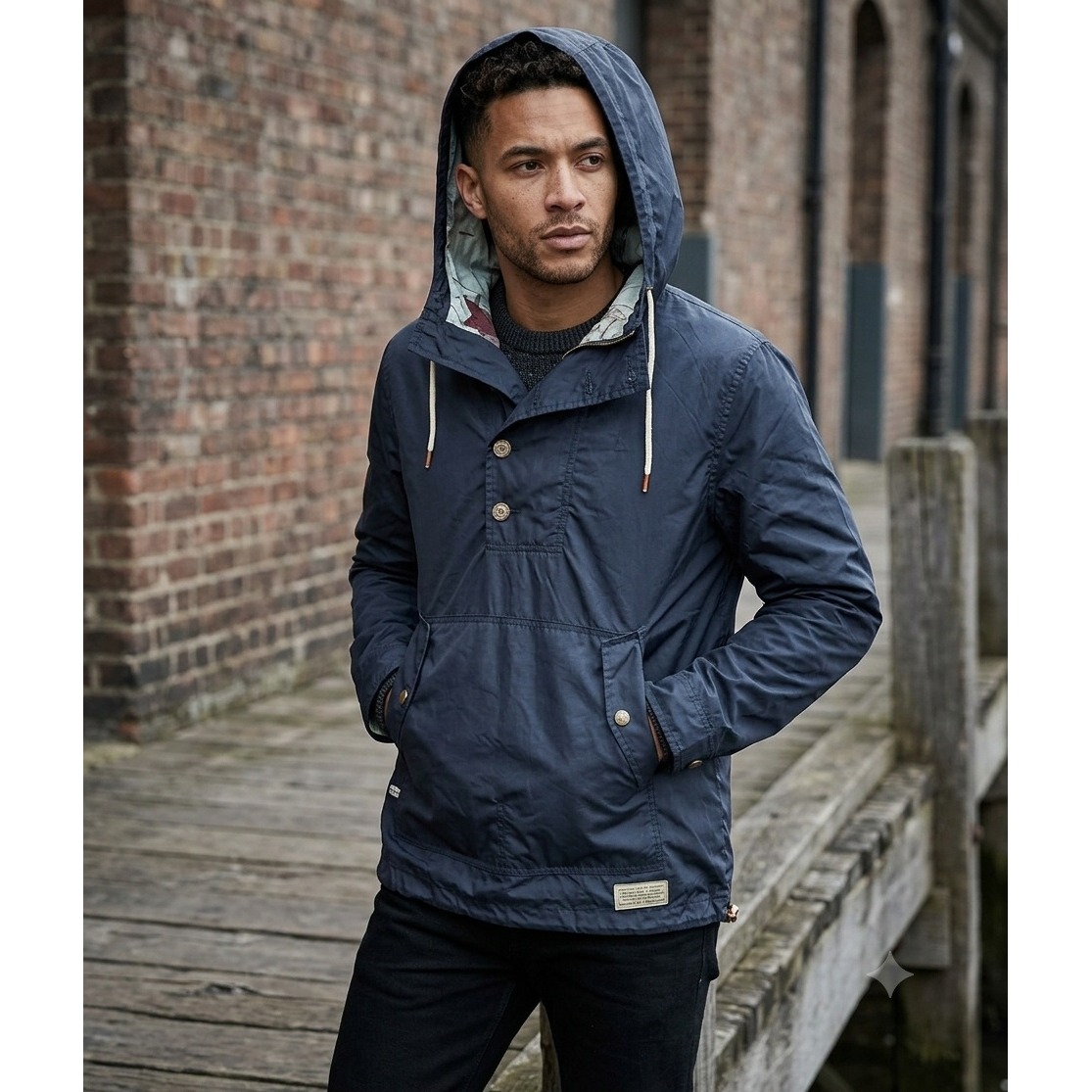 Roark Anorak Jacket Mens Medium Navy Blue Button Placket Lightweight Hooded